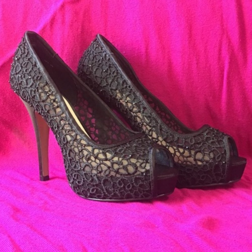 Lady Couture Lace & Gemstone Peeptoe Platforms